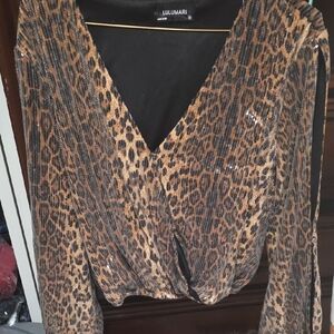 Lulumari Leopard Print V-Neck Long Sleeve Blouse - Brown and Black